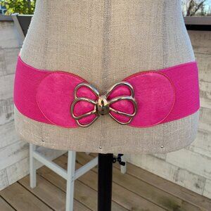 Vintage Wide Hot Pink Faux Leather Gold Buckle Elastic Chinch Waist Retro Belt